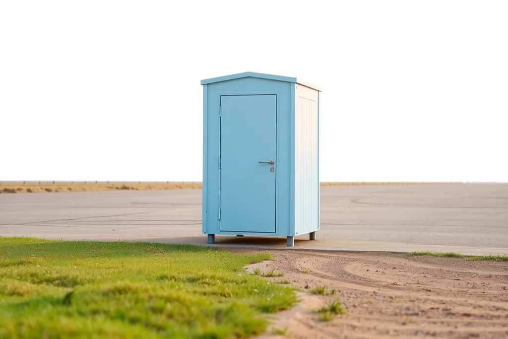 A single plain portable toilet cabin on level ground at the edge of an empty lot.